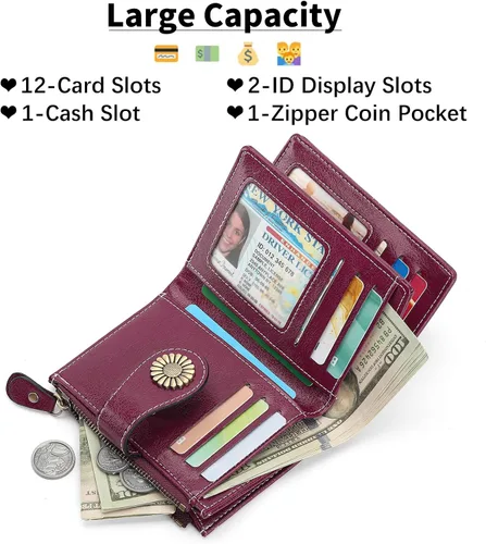 Miniatura 23 de SENDEFN - Billetera pequeña de piel auténtica para mujer, diseño plegable con ventana para tarjeta de identificación