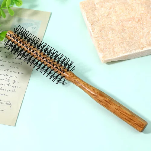 Miniatura 2 de Cepillo redondo con punta de bola con mango de madera y cerdas de nailon para cabello corto, flequillo, barbas de hombres y secado por soplado