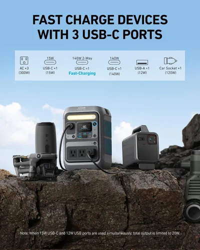 Miniatura 3 de Anker Estación de energía portátil SOLIX C300, batería LiFePO4 de 288 Wh, generador solar de 300 W (pico de 600 W), carga rápida bidireccional