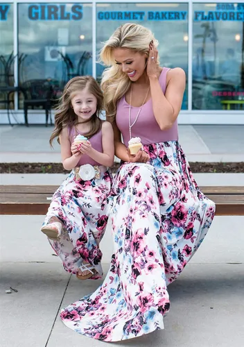 Miniatura 3 de YMING Vestidos a juego para mamá e hija, sin mangas, vestido estampado floral