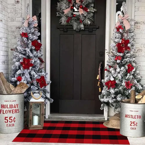 Alfombra de Navidad a cuadros para exteriores, 2 x 4 pies 3 pulgadas, rojo y negro, alfombra de área para interiores y exteriores, alfombra de capas