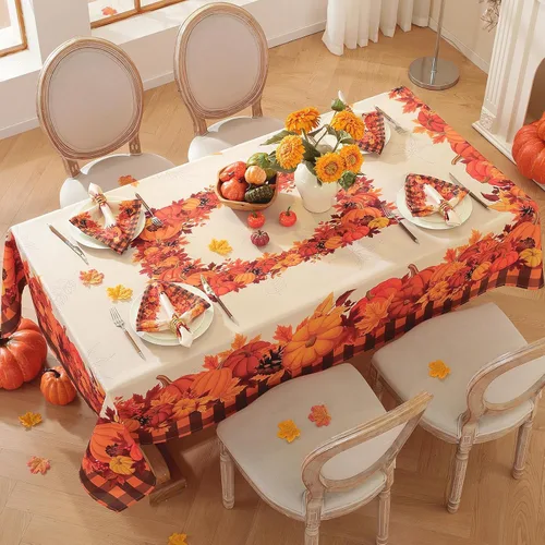Miniatura 10 de SASTYBALE Mantel rectangular de Acción de Gracias, mantel de otoño con pavo y calabaza, lavable, resistente a las manchas, de poliéster