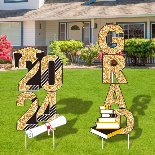 Miniatura 8 de URATOT 4 letreros azules de graduación 2024 con estacas brillantes de graduación para césped de graduación de clase de 2024, decoraciones de fiesta