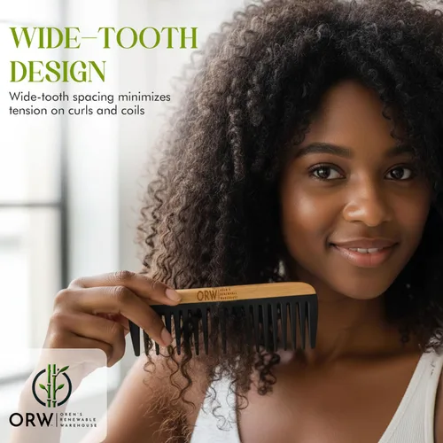 Miniatura 8 de Peine de dientes anchos de bambú OBW – desenredante para cabello rizado, grueso y natural – Dimensiones: 5.8 x 2.1 pulgadas, 1.1 oz – Peine ligero