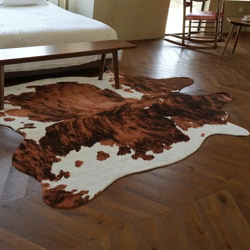Miniatura 7 de rugoo Alfombra de piel de vaca de 6.3 x 7.9 pies, alfombra de piel sintética tricolor, alfombra de piel sintética con estampado de vaca, alfombra