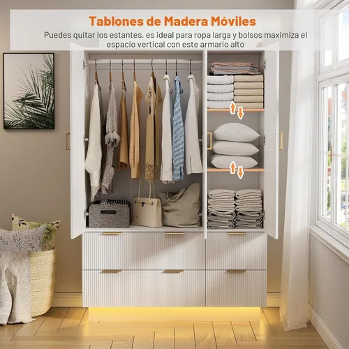 Miniatura 9 de PAKASEPT Armario de 3 puertas, armario de dormitorio con espejo y luces LED, barra para colgar, cajones, armario de almacenamiento de gran capacidad