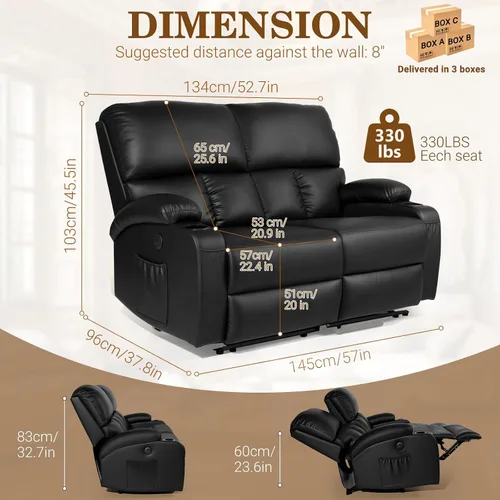 Miniatura 2 de CHABATREE Sofá reclinable con masaje y calor, asiento de cine en casa, sofá biplaza reclinable manual para caravana con soportes USB/tazas