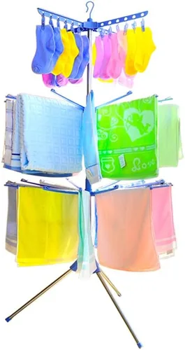Miniatura 9 de BAOYOUNI Estante de secado de ropa plegable de 2 niveles para interiores y exteriores, con 24 clips y 16 barras de toallas para ropa de bebé