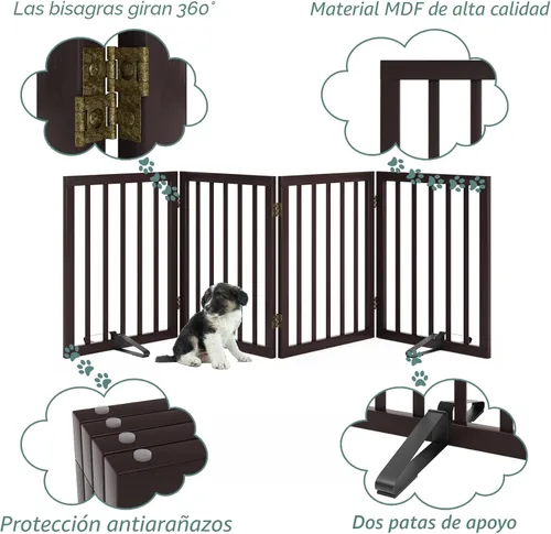 Miniatura 5 de Puerta de madera para perros plegable independiente de 4 paneles para mascotas, puertas extra anchas para perros para puertas interiores, escaleras