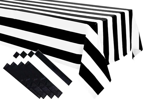 Miniatura 9 de 1 mantel a rayas blancas y negras de plástico impermeable de 54 x 108 pulgadas, fundas de mesa geométricas a rayas para comedor, campamento, picnic