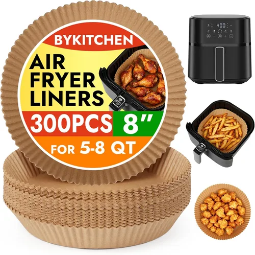 Miniatura 10 de BYKITCHEN 300 PCS forros desechables pequeños para freidora de aire de 2 a 5 QT, forros redondos de papel pergamino para freidora de aire