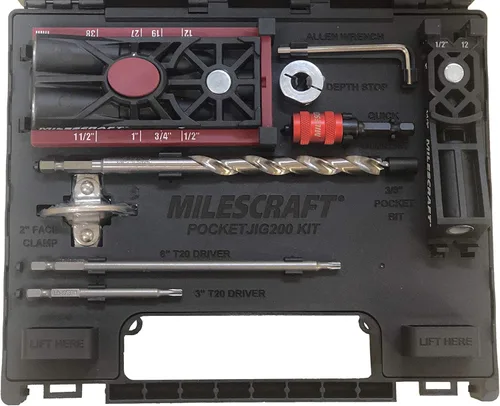 Miniatura 3 de Milescraft Pocket Jig 200XCJ - Juego de herramientas para carpintería con plantillas de agujero de bolsillo de doble cañón y cañón simple