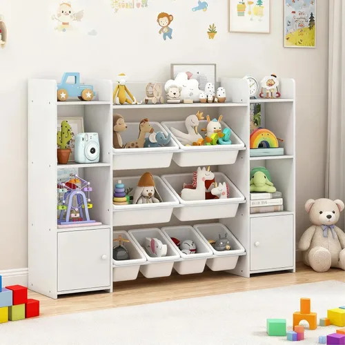Miniatura 12 de Costzon Organizador de almacenamiento de juguetes para niños, armario de almacenamiento de 4 niveles con 8 contenedores extraíbles, estantería Blanco