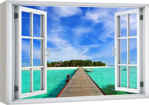 Miniatura 27 de wall26 - Cuadro en lienzo para pared, vista de ventana, atardecer neón, cielo, palmera tropical, playa, naturaleza, desierto, fotografía, realismo