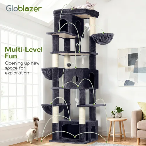 Miniatura 7 de Globlazer Árbol grande para gatos, torre de escalada de varios niveles de 80 pulgadas de alto, condominios para gatos, torre rascador para Gris