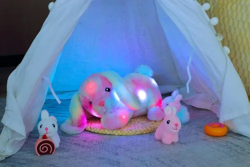 Miniatura 8 de Hopearl Conejo de peluche LED con luces, juguete de peluche con mamá y 3 bebés en su barriga, nana animada, calmante para mamá, niños pequeños
