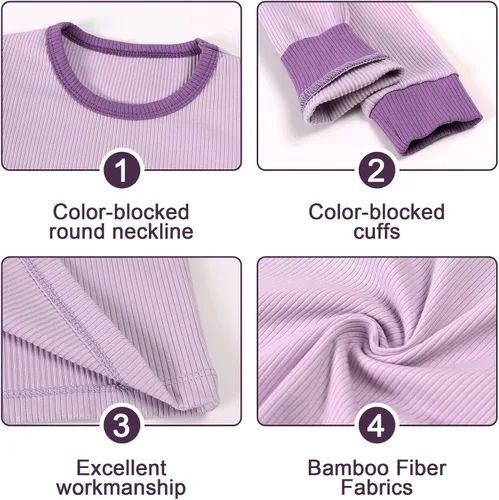 Miniatura 3 de OPAWO Pijama de bambú para niños pequeños, camiseta acanalada y pantalones de 2 piezas para niña, ropa de otoño para bebé, ropa de invierno de 1 a 7