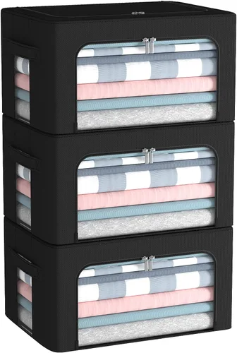 Miniatura 21 de Paquete de 3 cajas de almacenamiento con marco, bolsas de almacenamiento de ropa, tela Oxford, plegable, apilable, juego organizador con ventana