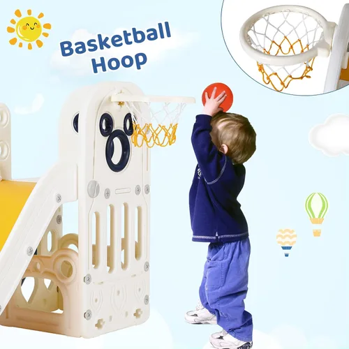 Miniatura 4 de Arlopu Juego de tobogán 6 en 1 para niños pequeños, tobogán resistente para niños con aro de baloncesto y telescopio, pasos antideslizantes, juego