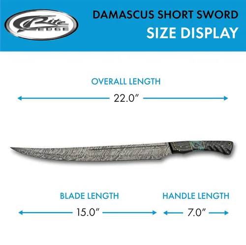 Miniatura 3 de SANZ Damascus Supplies - Espada corta de espiga completa con mango de resina de madera y turquesa, con funda de cuero, negro/turquesa/marrón, 22