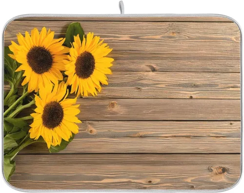 Tapete de secado de platos, girasoles en madera, tapete de secado reversible absorbente de flores, tapete de secado de platos, tapete para secar