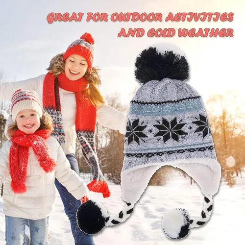 Miniatura 5 de Gorro invernal Dosoni para mujer, de punto, con orejeras, suave, cálido y acogedor, diseño de copos de nieve