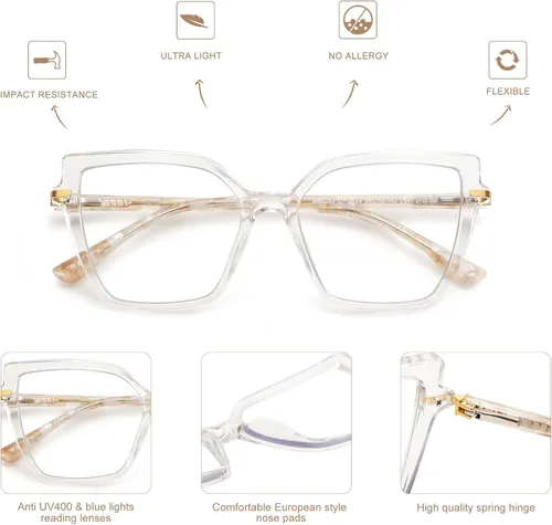 Miniatura 4 de AMOMOMA Gafas de Lectura Cuadradas con Bloqueo de Luz Azul para Mujeres, Lectores de Primavera con Bisagra AM6082 C1.crystal +C2.green Grading Marrón