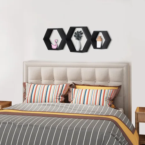 Miniatura 7 de PHOENANCEE - Estantes flotantes hexagonales, juego de 3 estantes de nido de abeja, estantes de pared de madera estilo granja para almacenamiento