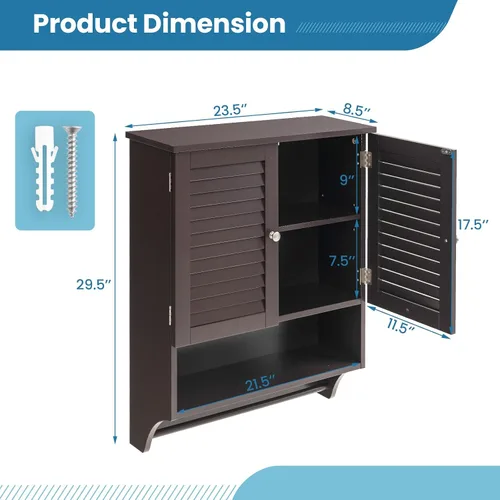 Miniatura 3 de Giantex Armario de baño montado en la pared con 2 puertas con rejillas, estante ajustable de 3 posiciones, toallero, ahorro de espacio sobre