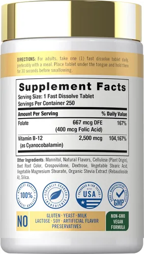 Miniatura 2 de Carlyle Vitamina B12 Sublingual 2500 mcg 250 tabletas de disolución rápida Suplemento de cianocobalamina con ácido fólico para adultos Sabor