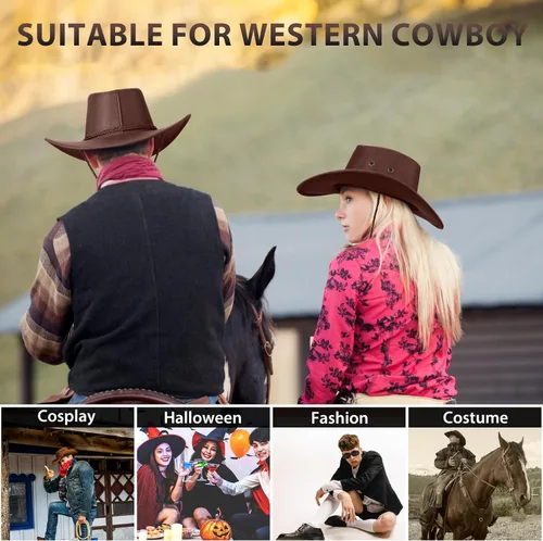 Miniatura 5 de Mens Faux Felt Western Cowboy Hat Fedora Outdoor Wide Brim Cowgirl Hat with Strap