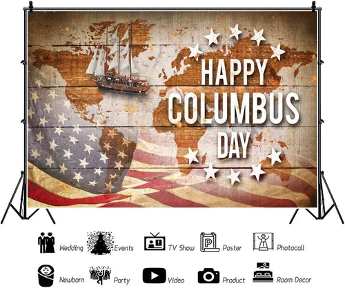 Miniatura 2 de Leyiyi Telón de fondo para fotografía del Día de Colón, 5 x 3 pies, diseño vintage con mapa náutico, bandera de Estados Unidos, grunge, velero