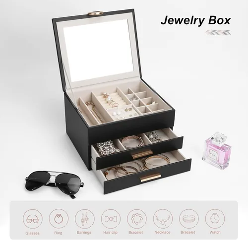 Miniatura 21 de Elegant Gift Jewelry Box with Mirror - 3-Layer Organizer for Earrings, Rings, Necklaces, Ready to Give for Birthday Anniversary Christmas Apricot