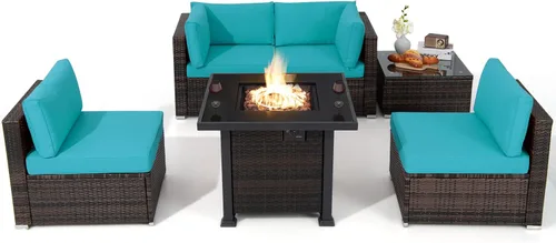 Miniatura 13 de Tangkula Juego de 6 piezas de mimbre para patio, juego de sofá de ratán para exteriores con mesa de fuego de propano de 32 pulgadas, calor de 50,000