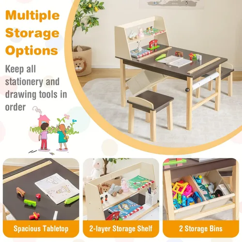 Miniatura 2 de Costzon Juego de mesa y silla de arte para niños, mesa de actividades de madera y 2 taburetes con rollo de papel, 2 marcadores, 2 cubos