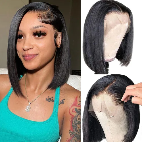 ALHER Short Bob Wig Human Hair Small Cap Lace Front Wigs Straight, 13X4 Transparent Lace Frontal Wigs 180% Density for Women, Natural Color, Cap