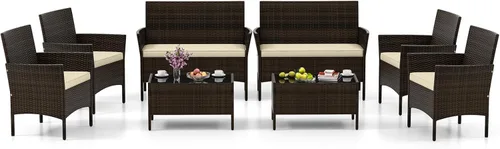 Miniatura 18 de HAPPYGRILL Juego de 4 muebles de mimbre para exteriores, juego de muebles de mimbre para patio con sillas de dos plazas y mesa de café de vidrio