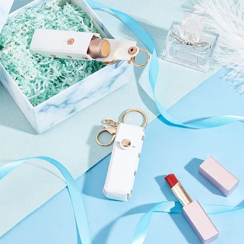 Miniatura 5 de WADORN 2 soportes para llavero Chapstick, 6 pulgadas, piel sintética, organizador de lápiz labial con llavero, Blanco
