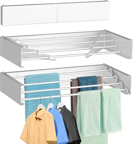Miniatura 8 de FOCHIER F Tendedero de Ropa de Pared Tendedero de Secado Plegable con 5 Varillas de Aluminio y Plantilla de Perforación Broca de Destornillador Negro