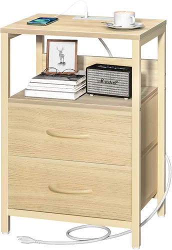 Miniatura 12 de Yoobure - Mesita de noche con estación de carga, pequeña mesita de noche con cajones de tela y estante de almacenamiento para dormitorios, mesitas