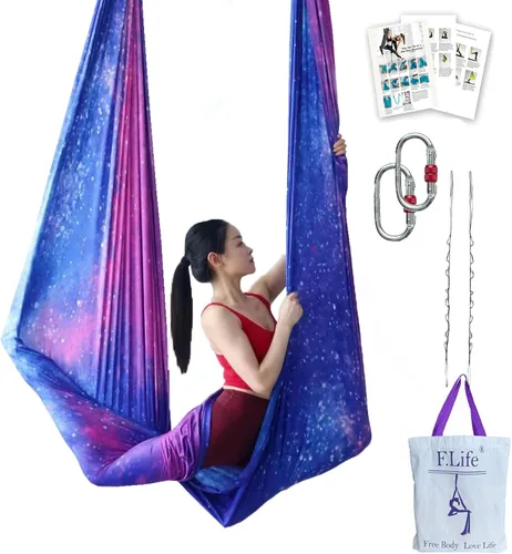 Miniatura 15 de F.Life Kit de hamaca de yoga aéreo, columpio de yoga, multicolor, 5 yardas, yoga volador, incluye cadena de margarita, mosquetón y guía de postura