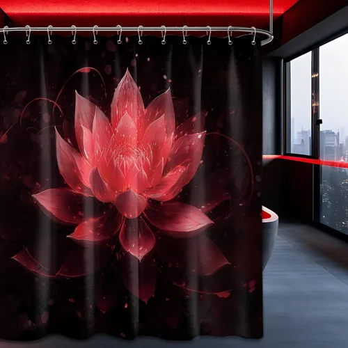 Miniatura 53 de Cortina de ducha con flores de loto negro y azul para decoración de baño, juego de cortinas decorativas de baño con estampado floral, tela