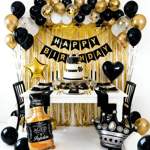 Miniatura 3 de Decoraciones de cumpleaños negras y doradas con pancarta de feliz cumpleaños, cortinas, botella, corona, globos de estrella de corazón y luz LED