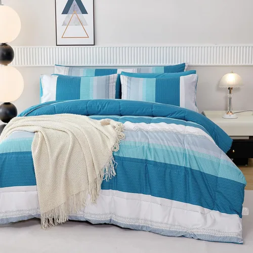 Miniatura 13 de RYNGHIPY Juego de edredón de tamaño matrimonial, color beige y gris, a rayas, para hombres y niños, juego de ropa de cama suave para todas