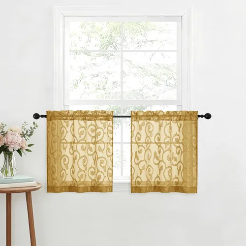 Miniatura 69 de OWENIE Furman - Juego de 2 paneles de cortinas traslúcidas negras de 24 pulgadas de largo, cortinas semitransparentes de jacquard ligeras y aireadas