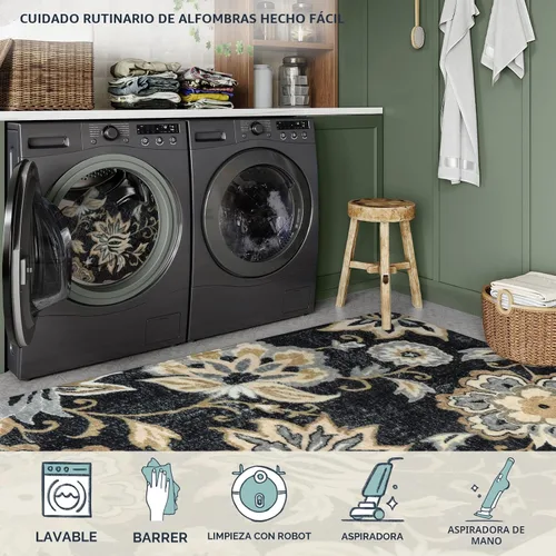 Miniatura 6 de Lahome - Tapete floral con estampado de cachemira, lavable, antideslizante, pequeño, anti-manchas, suave, para baño, entrada, dormitorio, Negro