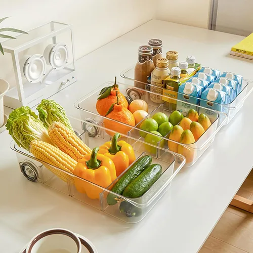 Miniatura 6 de Paquete de 2 contenedores enrollables para nevera, cajón extraíble con ruedas, organizador de refrigerador, cubos con asas, organizador de frutas