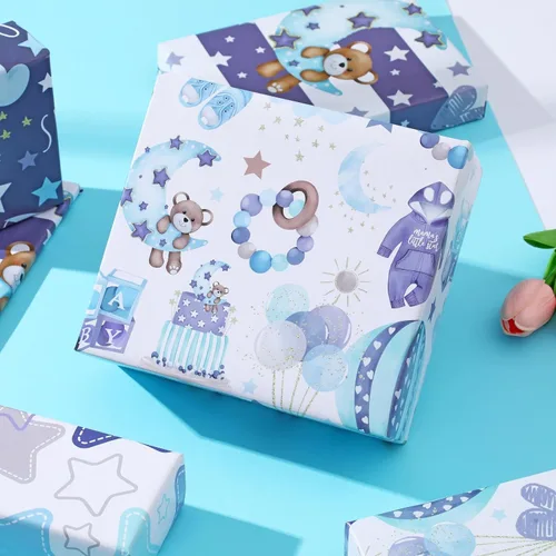 Miniatura 5 de Dtiafu Papel de regalo para baby shower para bebé niño – 12 hojas de papel de regalo azul bebé con patrón de oso estrella, pastel, luna y dulces