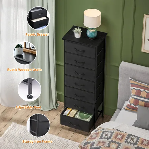Miniatura 4 de Fixwal Cómoda negra alta y delgada para dormitorio, organizador de almacenamiento estrecho con 7 cajones de tela, muebles de mesita de noche