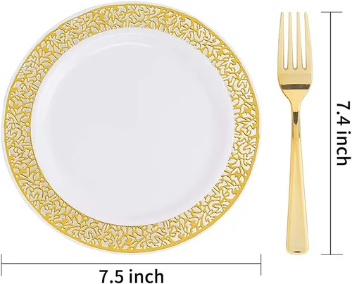 Miniatura 8 de WDF -Platos desechables para postre, 100 unidades, dorados, de 7.5 pulgadas, con 100 tenedores desechables de 7.4 pulgadas, con diseño de encaje